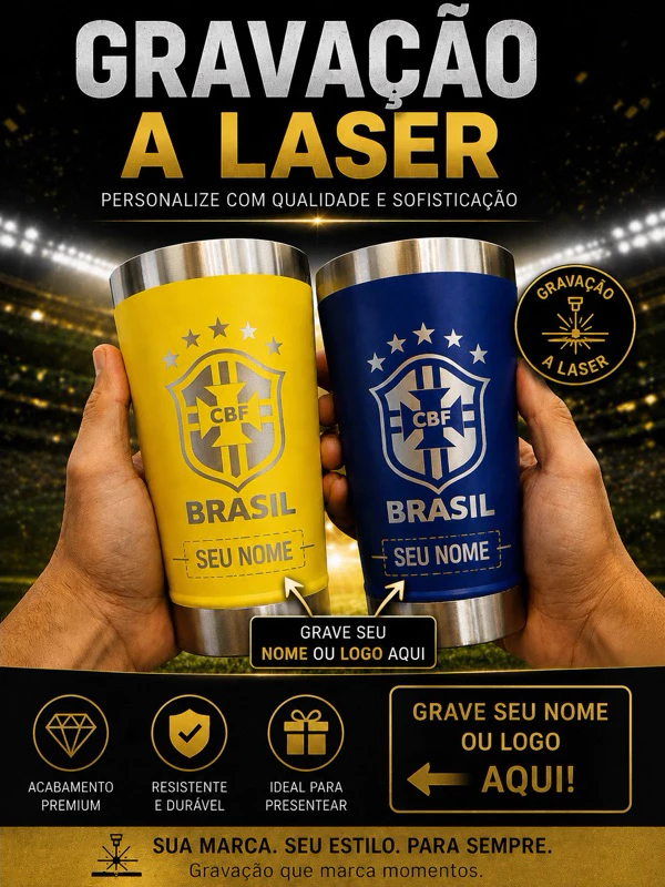 Gravação a laser personalizada nos copos térmicos amarelo e azul
